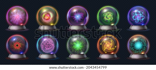 Realistic
magic crystal ball with glowing energy and lightnings. Fortune
predict sphere, occult glass globe with mystical effects vector
set. Mystic ball for magician or fortune
teller