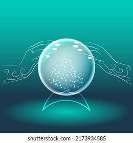 Realistic magic crystal ball with hands of fortune teller in blue tones	