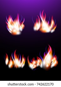 Realistic magic fire for your design. Vector set. Used mesh gradient.Lilac color.