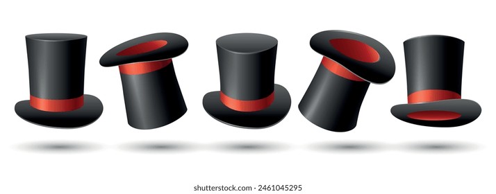 Realistic magic hats. Magician uniform head wear collection, 3d magical tophat with red ribbon for magician hat-trick isolated vector illustration