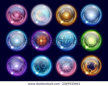 Realistic magic plasma spheres and energy balls. Flash lightning, colorful electric sparks. Decorative mystical glass ball pithy vector set