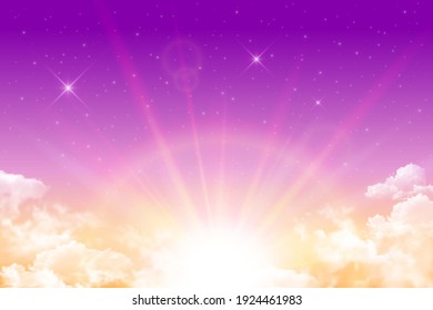 Realistic magic purple sunset on a background of stars and white clouds. Vector background of sunset night sunny sky.