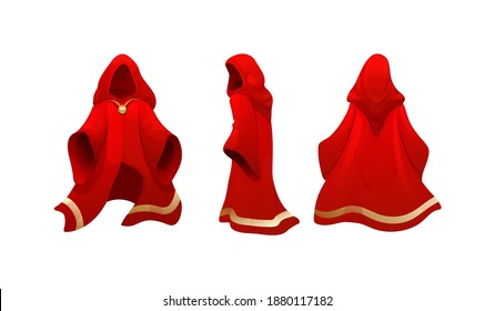 Realistic magic red cape of cloak costume, mantle of magician, mysterious costume. Red velvet robe mage. Carnival costume, mockup festive clothing front back behind view. Masquerade fancy dress vector