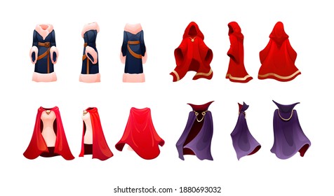 Realistic magic red cape of cloak costume, Dracula vampire carnival costume, women superhero, military leader, princely commander. Carnival medieval king cloak. Clothing front back behind view vector