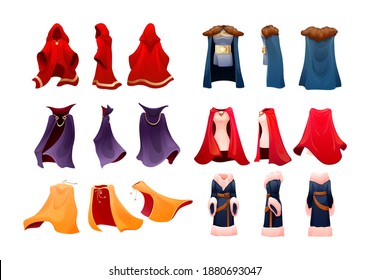 Realistic magic red cape of cloak costume, Dracula vampire carnival costume, women superhero, military leader, princely commander. Carnival medieval king cloak. Clothing front back behind view vector