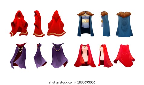 Realistic magic red cape of cloak costume, Dracula vampire carnival costume, women superhero, military leader, princely commander. Carnival medieval king cloak. Clothing front back behind view vector