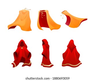 Realistic magic red cape of cloak costume, mantle of magician, mysterious costume. Realistic woman cape of cloak costume, women superhero. Superhero red cape, scarlet fabric silk cloak vector