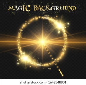 Realistic magic wand with bright sparkles on a transparent background.