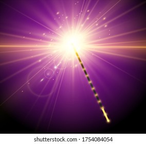Realistic magic wand with bright sparkles on a transparent background.