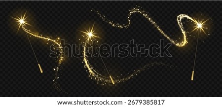 Realistic magic wand with light trail, shining star and sparks. Magic wands with glittering energy trace, golden glow particles. Christmas, Xmas festive element. Vector isolated set.