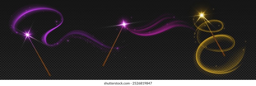 Realistic magic wand light. Wizard sparkle stick vector. Magician spell effect with glitter. Fantasy sorcery trail on transparent background. Golden dust line. Swirl streak in pink and purple color