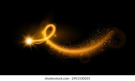 Realistic magic wand orange light swirl effects isolated on black background.