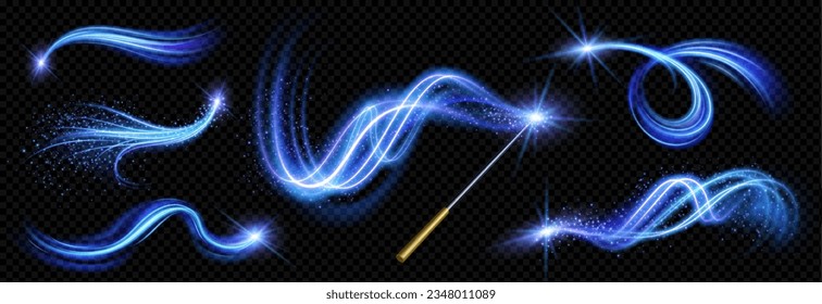 varita mágica realista con un conjunto de efectos vórtice de luz azul aislados en fondo transparente. Ilustración vectorial de líneas luminosas con partículas brillantes, giros mágicos de energía, hechizo mago