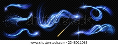 Realistic magic wand with set of blue light vortex effects isolated on transparent background. Vector illustration of luminous lines with shiny glitter particles, magic energy twirl, wizard spell