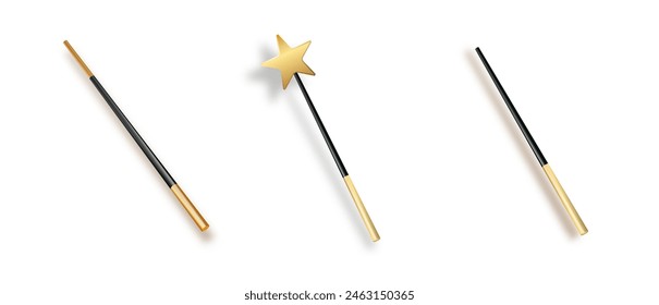 Realistic magic wand with set isolated on transparent background. Vector