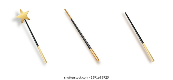 Realistic magic wand with set isolated on transparent background. Vector