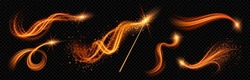 Realistic Magic Wand With Set Of Orange Light Vortex Effects Isolated On Transparent Background. Vector Illustration Of Luminous Lines With Shiny Glitter Particles, Magic Energy Twirl, Wizard Spell