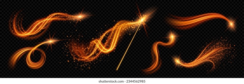 Realistic magic wand with set of orange light vortex effects isolated on transparent background. Vector illustration of luminous lines with shiny glitter particles, magic energy twirl, wizard spell