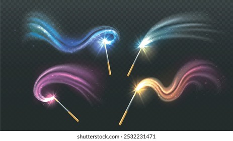 Realistic magic wands set. Witchcraft and sorcery, magic. Sticks with colorful effect. Fire and flame, sparks. Miracle and surprise. 3D vector collection isolated on transparent background