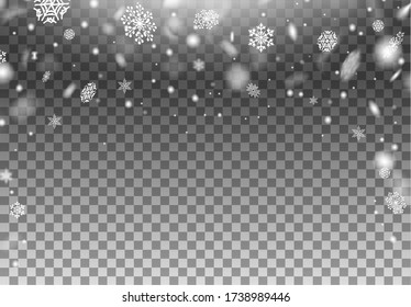 Realistic magic winter snowflakes flying and falling vector illustration. White gradient decorative element flat style. Christmas and holiday concept. Transparent background