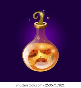 Realistic magical Halloween potion with floating pumpkins and Autumn leaves. Liquid potion or elixir on blue background. Vector illustration.