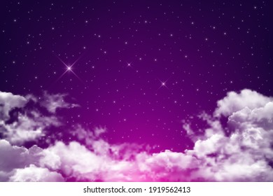 Realistic magical night sky with stars and white clouds. Vector background of night purple sky.