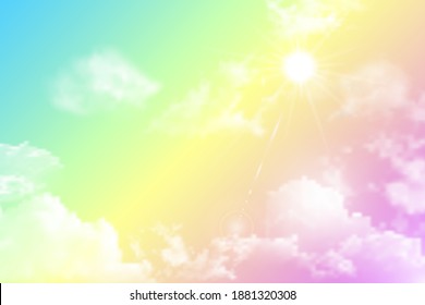 Realistic magical sky, sun and clouds in soft pastel pink and blue colors. Fantastic magic sunny hazy sky background. Pink sunrise, sunset. Vector illustration.