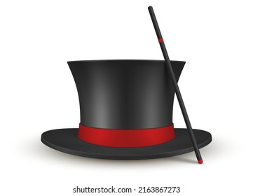Realistic magician hat black cylinder with red ribbon vector illustration. Soccer headdress with magic stick mystery wizard performance isolated. Circus carnival entertainment wand trick enchantment