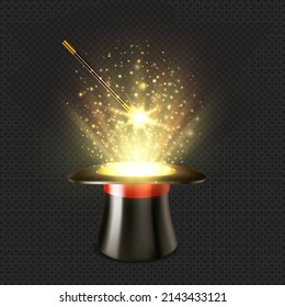 Realistic magician hat and magic wand on transparent background. Vector black top hat for circus trick show or 3d cylinder hat of fairy wizard with red ribbon and spell light effect of gold sparkles