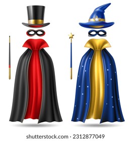 Realistic magician and wizard cloak. Costume party dresses and accessories, magic wands trick hats, mysterious show, clothes for illusionist performance 3d isolated elements utter vector set