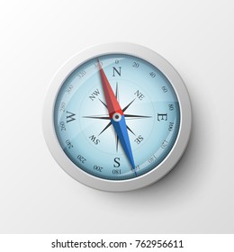 Realistic magnetic compass isolated on white background. Tool for navigation and orientation, finding cardinal directions, routes or points, tourism and adventure travel. Modern vector illustration.