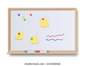 Realistic magnetic whiteboard. Realistic office white marker board with pens and sponge. Mock-up office white blackboard template. 3d vector illustration
