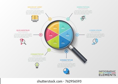 Realistic magnifier with circular chart inside divided into 6 multicolored parts with letters and percents, text boxes. Concept of percentage analysis. Vector illustration for statistical report.