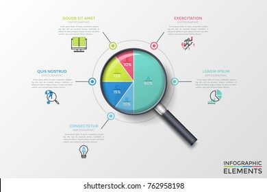 Lupa realista com gráfico circular dentro dividido em 5 partes multicoloridas com letras e porcentagens, caixas de texto. Conceito de análise percentual. Ilustração vetorial para relatório estatístico.