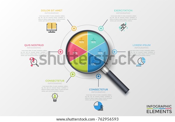 Realistic magnifier with circular chart inside\
divided into 6 multicolored parts with letters and percents, text\
boxes. Concept of percentage analysis. Vector illustration for\
statistical report.