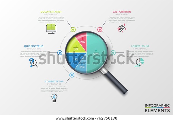 Realistic magnifier with circular chart inside\
divided into 5 multicolored parts with letters and percents, text\
boxes. Concept of percentage analysis. Vector illustration for\
statistical report.