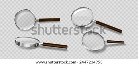 Realistic magnify glass to zoom and search vector. Isolated loupe tool icon for focus with lens on transparent background. 3d scrutiny object to detect, research and spy with magnification vision.