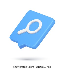 Realistic magnifying glass 3d icon quick tips in blue speech bubble for searching research browsing information vector illustration. Isometric magnifier optical zoom tool for examining and analyzing