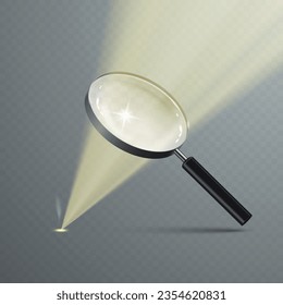 A realistic magnifying glass burns the surface with the rays of the sun.