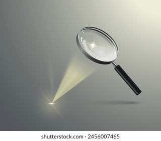A realistic magnifying glass burns a surface using a sunbeam. Vector illustration.