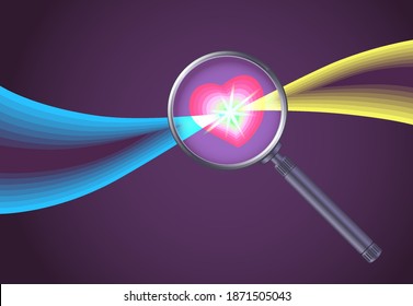Realistic magnifying Glass. Conception and visual metaphor of Shining Heart with Flash. Spatial image. Vector illustration.