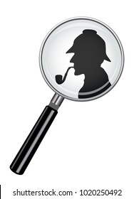 A realistic magnifying glass design with a Sherlock Holmes silhouette isolated on a white background