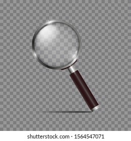 Realistic magnifying glass, magnifier or hand lens for optical magnification isolated on white background. Modern design element. Vector illustration