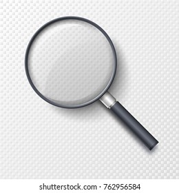 Realistic magnifying glass, magnifier or hand lens for optical magnification isolated on white background. Elegant tool used to magnify image or text. Modern design element. Vector illustration.