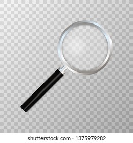 Realistic magnifying glass on transparent background. Search and inspection symbol. Bussiness concept. Sciene or school supplies. Vector stock illustration