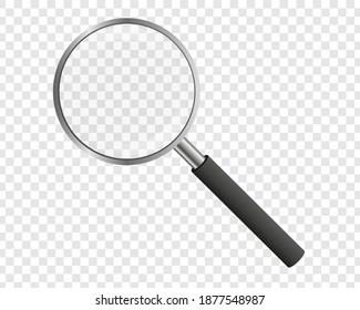 Realistic magnifying glass on transparent background. Optical tool. Lens. Vector illustration.