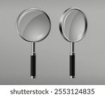 Realistic magnifying glass. Pack of loupes. Lens for scientific experiments and researching, inspections. Zoom and magnification. 3D vector illustration isolated on grey background