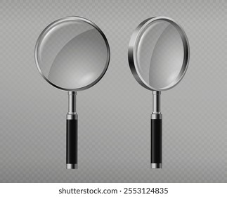 Realistic magnifying glass. Pack of loupes. Lens for scientific experiments and researching, inspections. Zoom and magnification. 3D vector illustration isolated on grey background