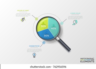 Realistic magnifying glass with round diagram inside divided into 3 colorful sectors with percentage indication and text boxes. Concept of proportion analysis. Vector illustration for presentation.