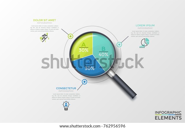 Realistic magnifying glass with round\
diagram inside divided into 3 colorful sectors with percentage\
indication and text boxes. Concept of proportion analysis. Vector\
illustration for\
presentation.